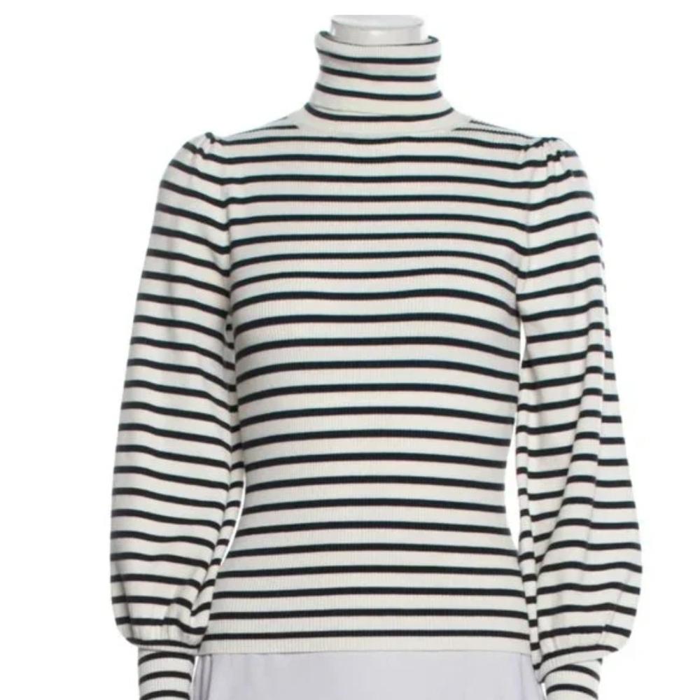 A.L.C. Striped Ribbed Turtleneck Baker Sweater Puff Sleeve White & Black Large